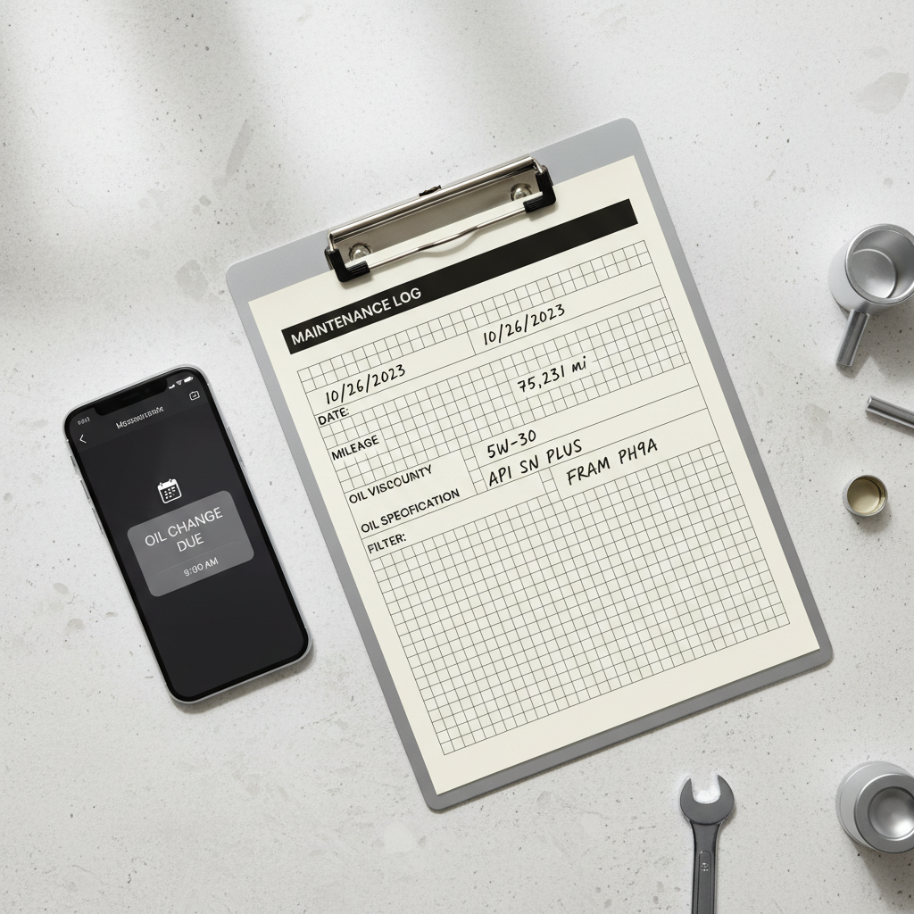 Oil change log with date mileage oil viscosity and oil spec notes for tracking intervals