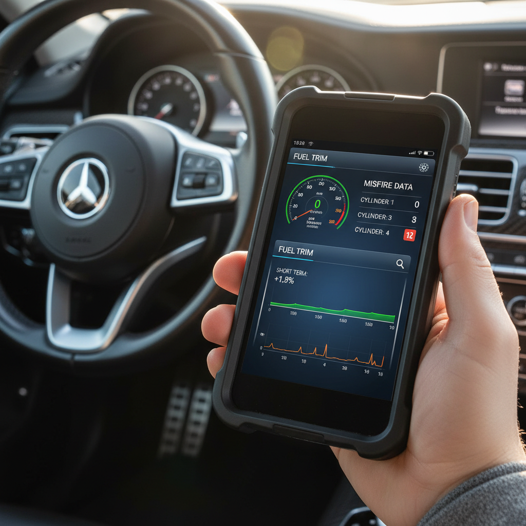 OBD2 scan tool showing fuel trims and misfire data during diagnosis