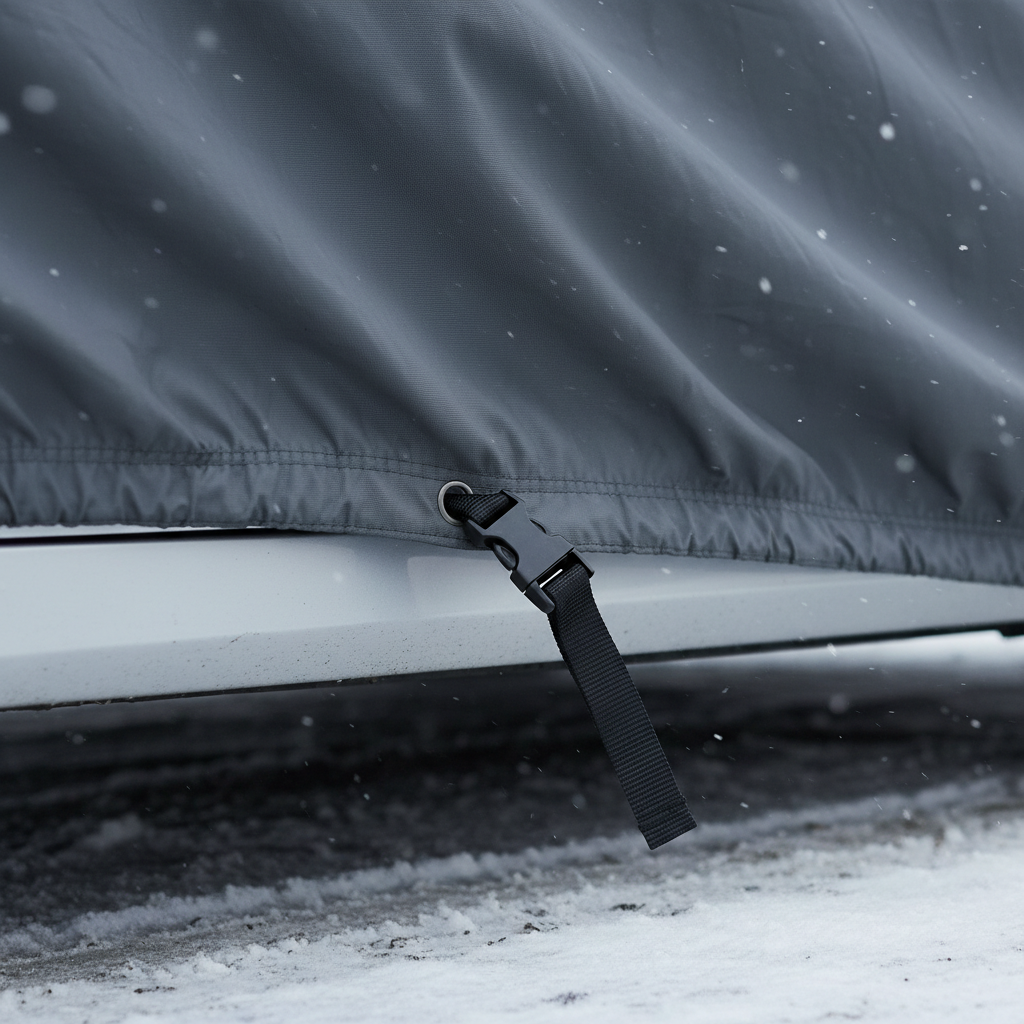 Close-up of car cover straps and elastic hem securing cover in windy weather