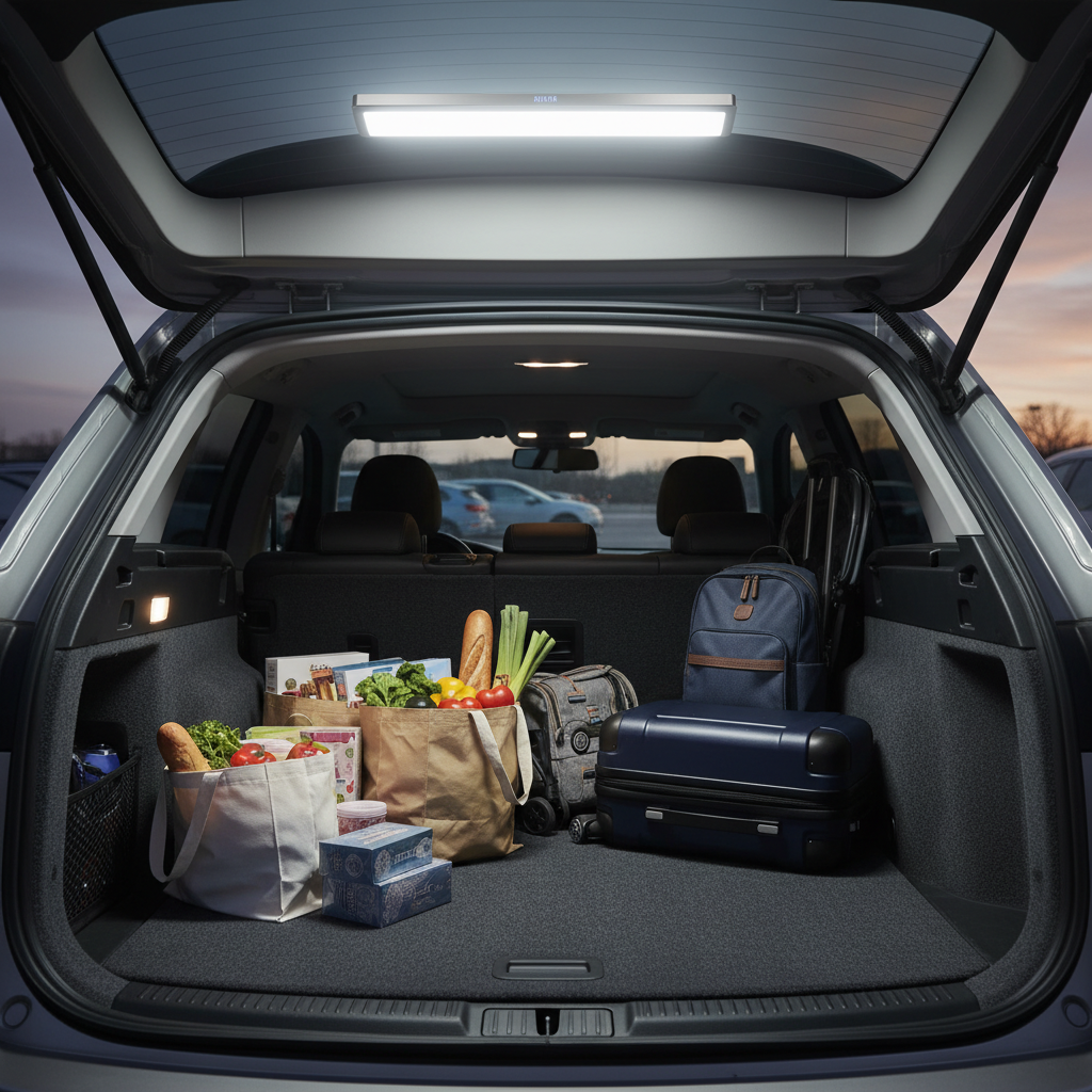 Motion sensor LED trunk light illuminating a car cargo area