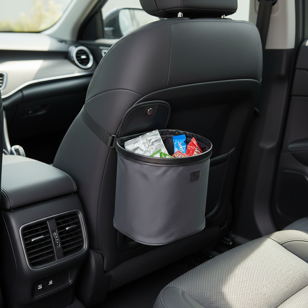 Compact foldable car trash can mounted behind a front seat on a road trip