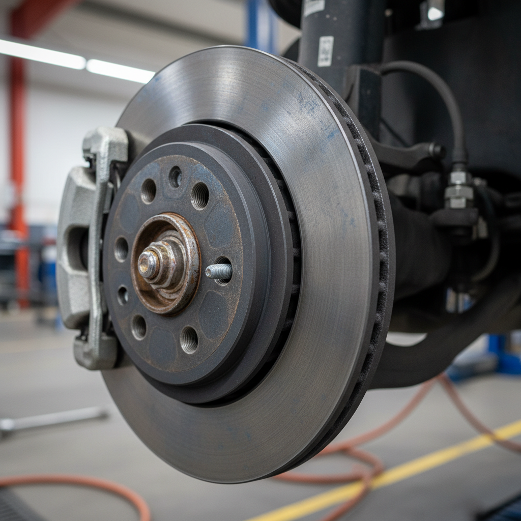 Close-up of a brake rotor and caliper showing pad contact area and light wear