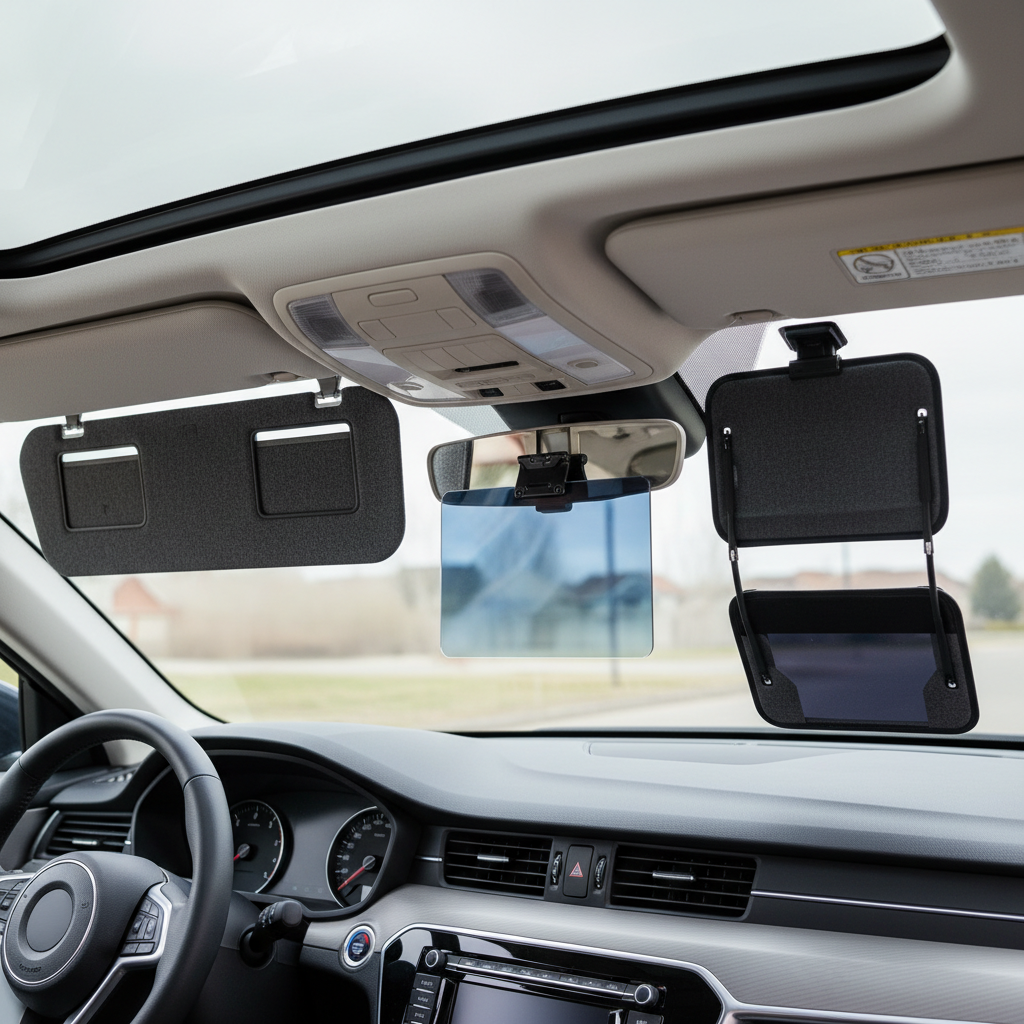 Different extra wide sun visor extender styles compared in a car interior