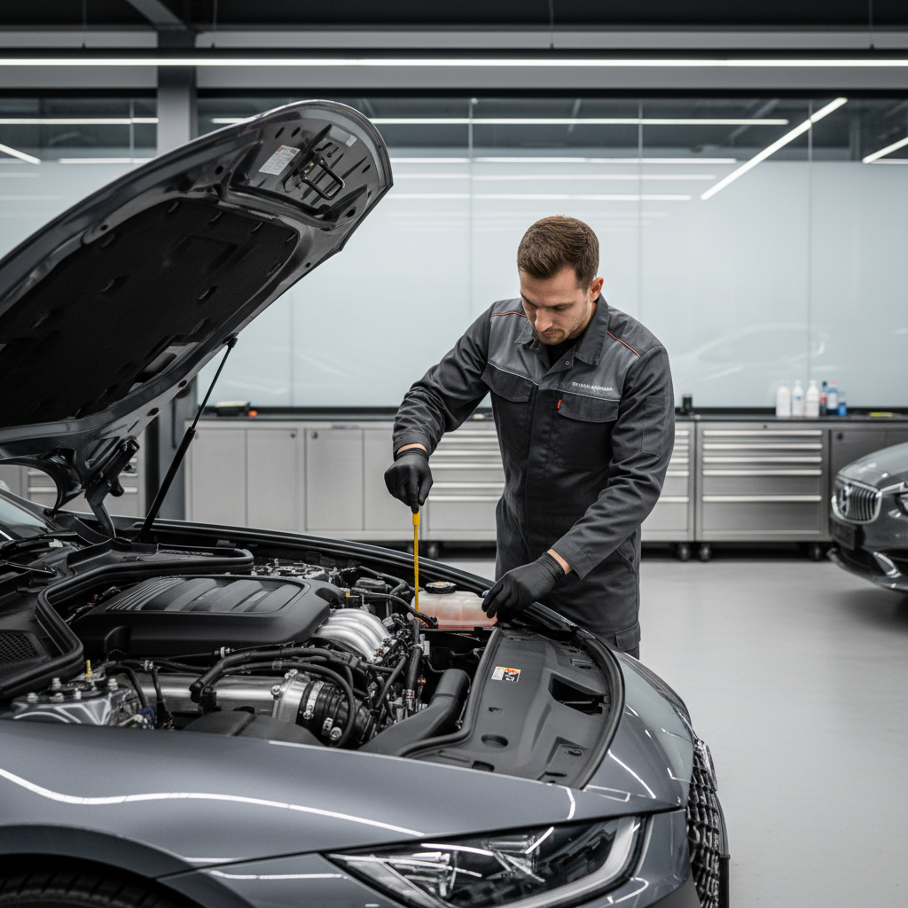 Mechanic checking engine oil and coolant levels for exhaust smoke diagnosis