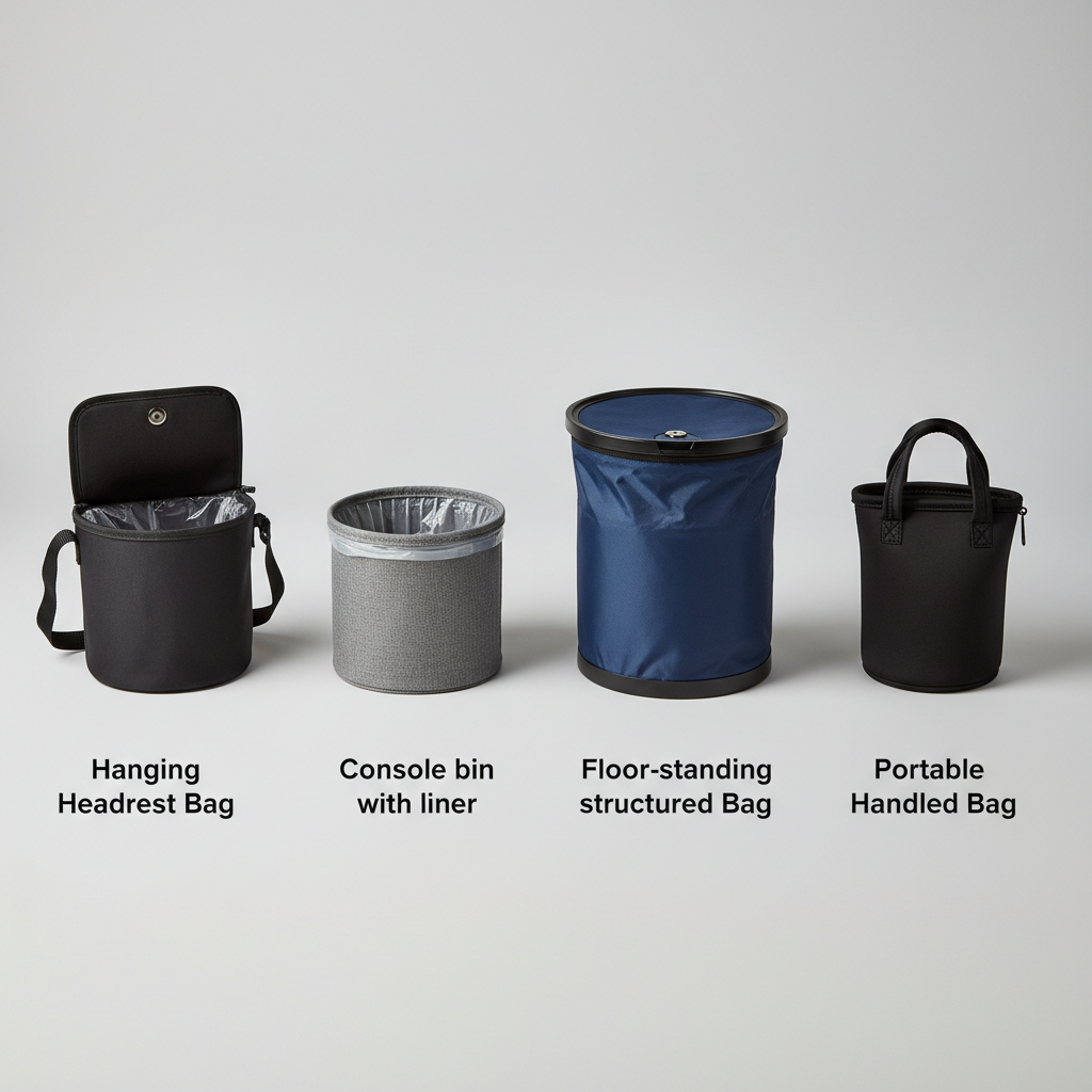 Comparison of different car trash bag styles with handles for travel use