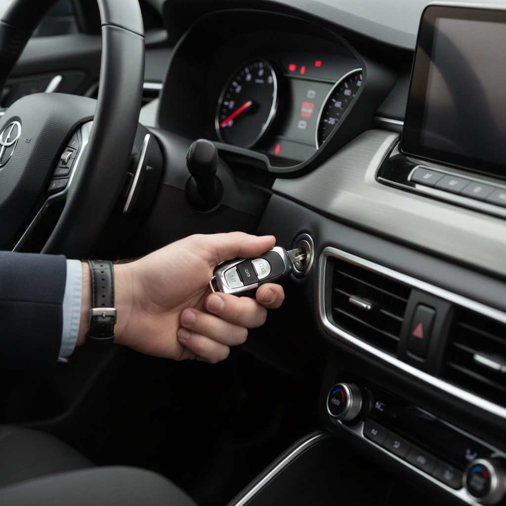 Driver turning ignition key while dashboard lights on, car not starting