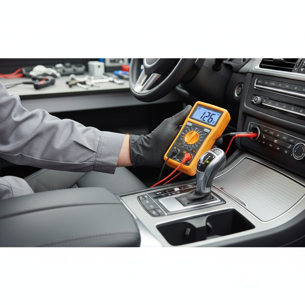 Technician using a multimeter to test voltage at a car 12V power outlet