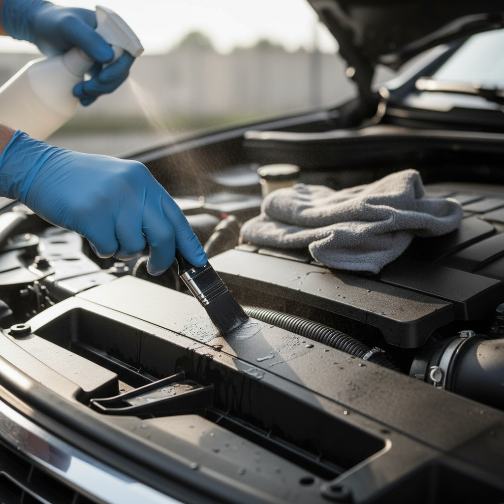 Detailing brush cleaning around engine bay plastic trim and hoses with controlled degreaser application