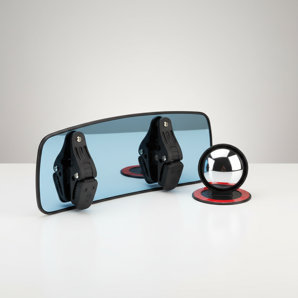 Comparison of clip-on and stick-on wide angle mirror extensions on a desk