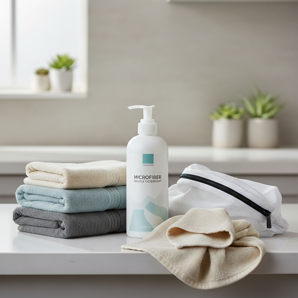 Microfiber towel care setup with gentle detergent and air drying for detailing towels