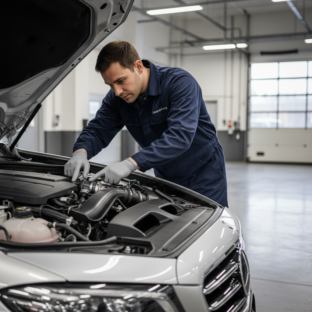 Mechanic checking engine air intake and sensors under hood