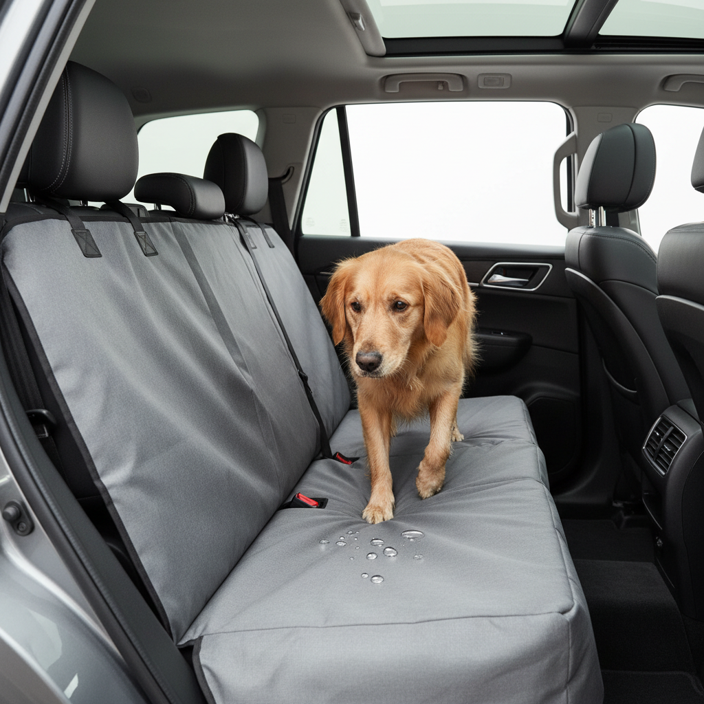 Waterproof dog car seat cover protecting a rear seat from wet muddy paws