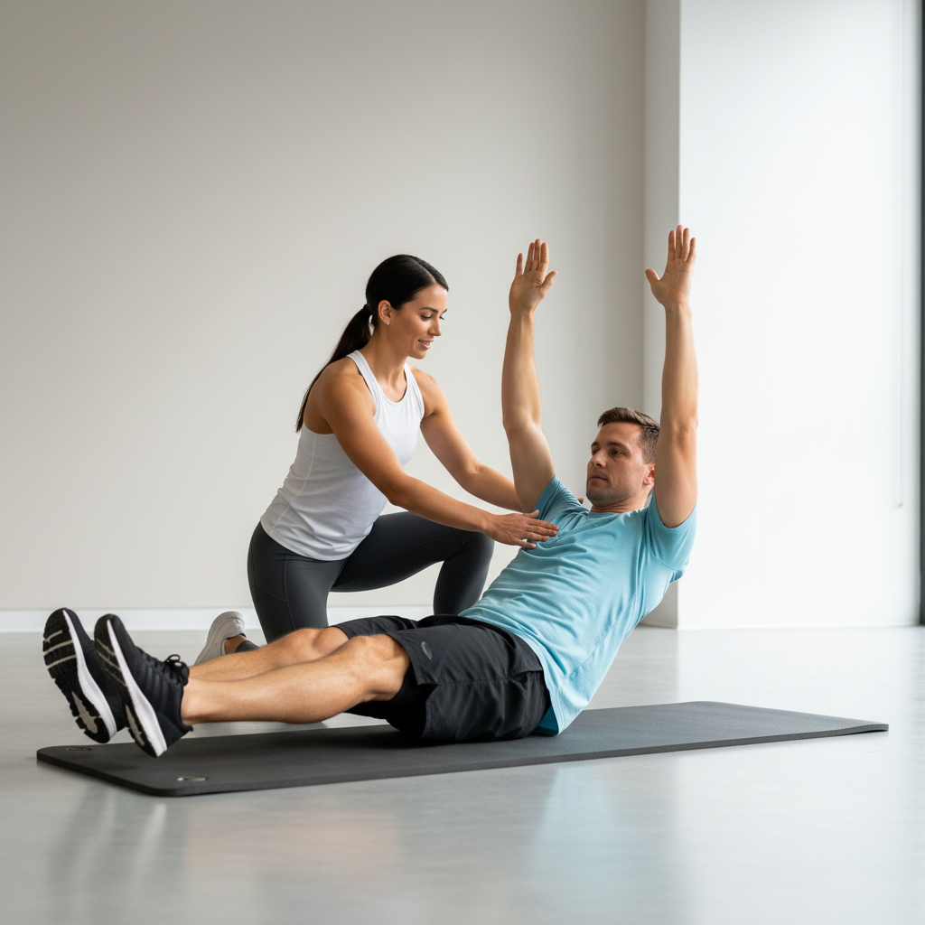 Trainer coaching dead bug exercise for core stability routine with proper rib position