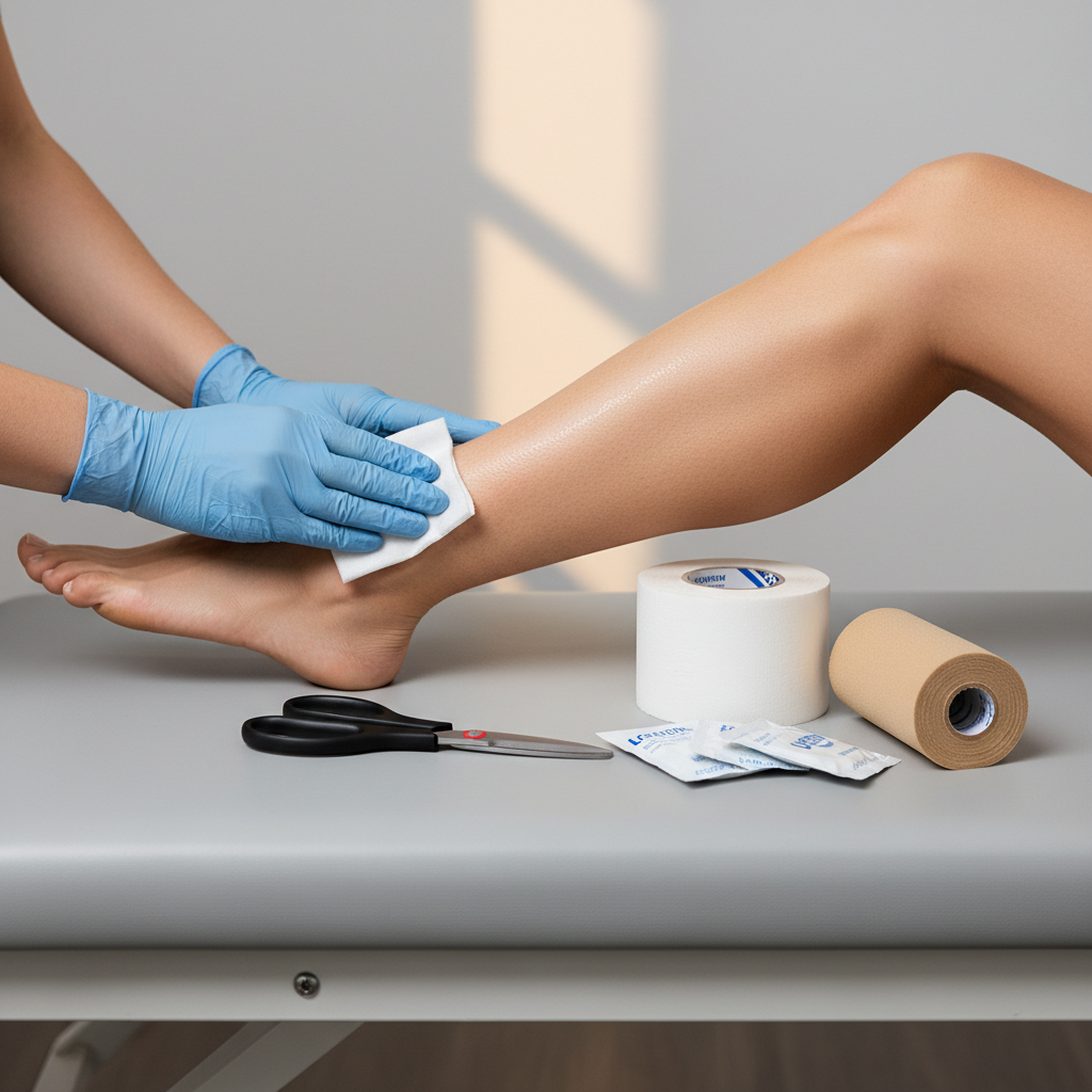 Step-by-step athletic taping supplies and skin prep before training
