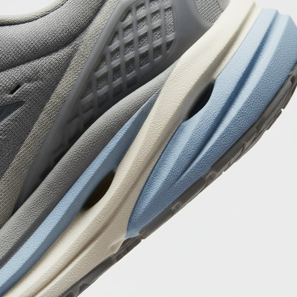 Close-up of running shoe midsole showing cushioning foam and stability structure