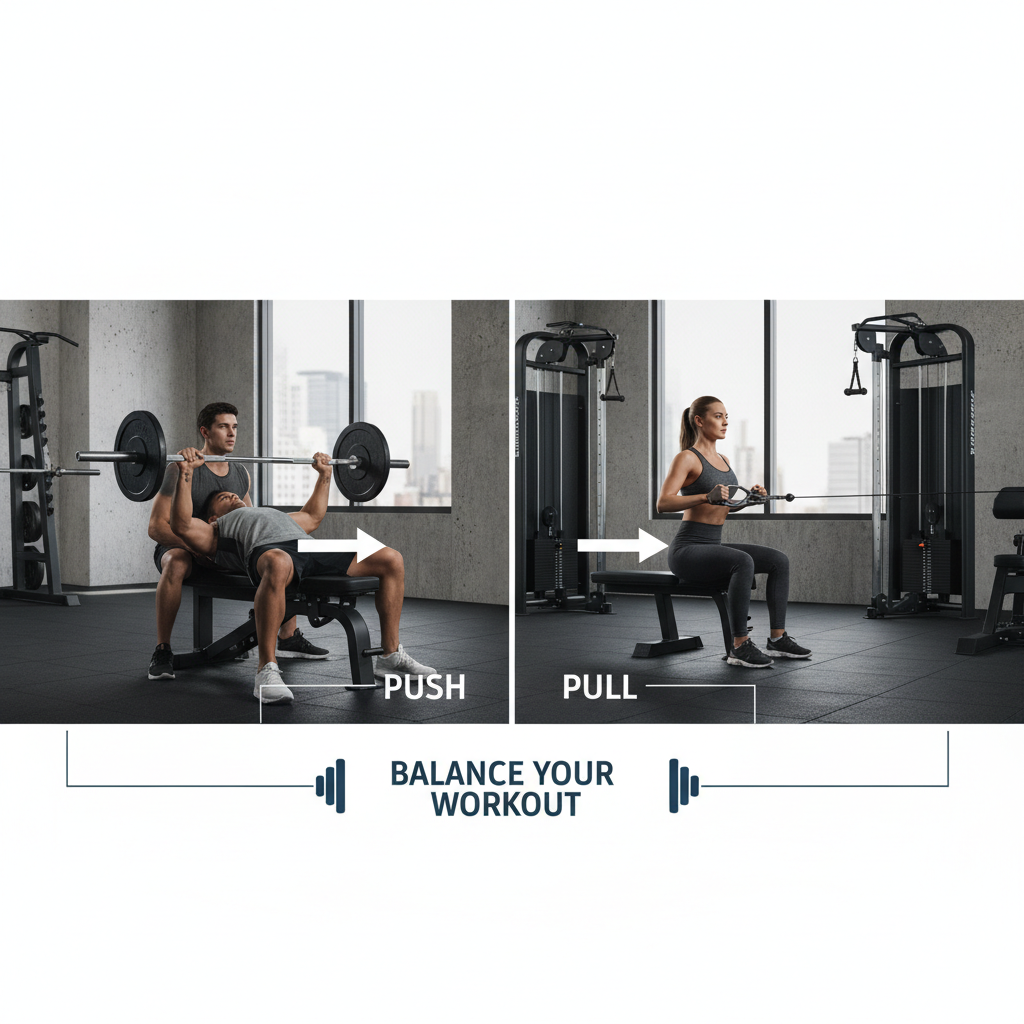 Balanced upper body strength training showing push and pull exercises