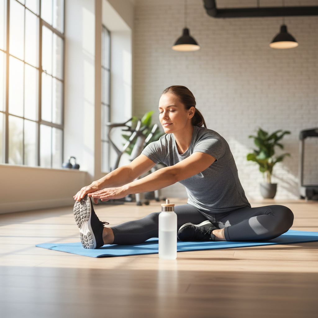 Gym-goer doing a cooldown stretch after a workout for muscle recovery