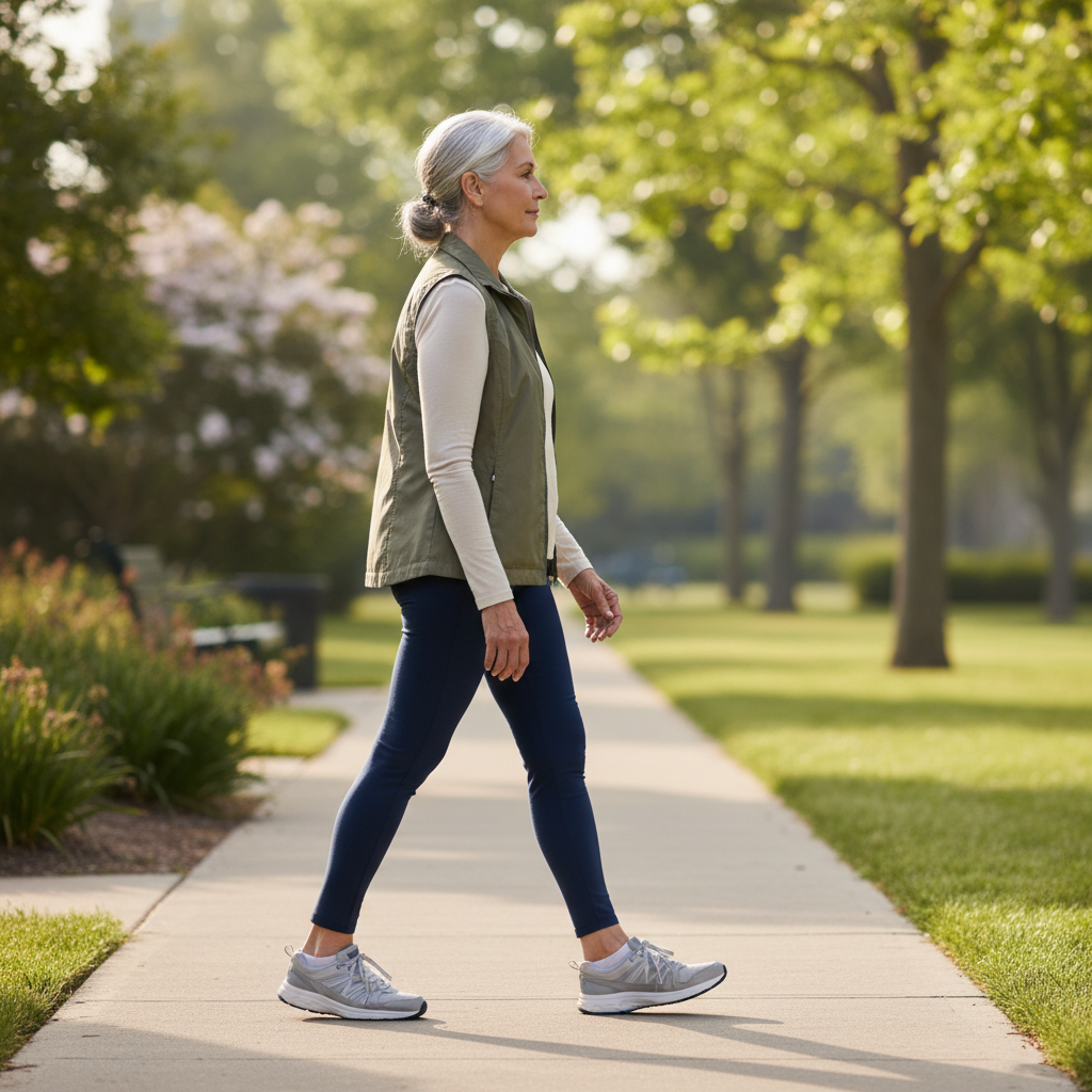 Senior walking outdoors with supportive shoes focusing on posture and confident gait