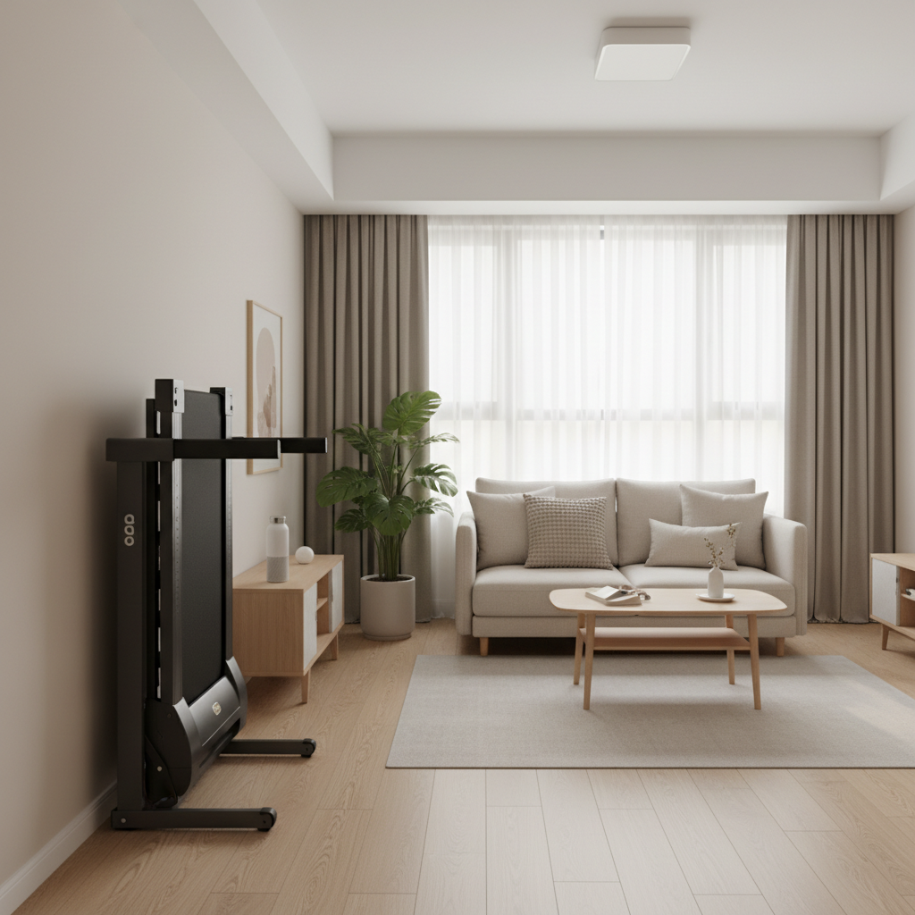 Foldable treadmill in a small apartment living room setup