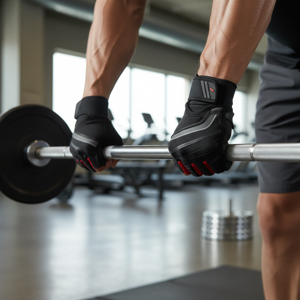 Weight lifting gloves gripping a barbell with knurled handle in a modern gym