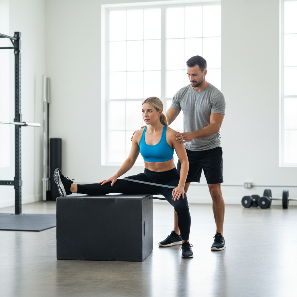 Gymnastics fitness coach correcting split alignment and breathing cues