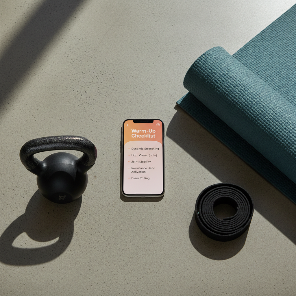 Warm up decision checklist on a phone next to gym equipment