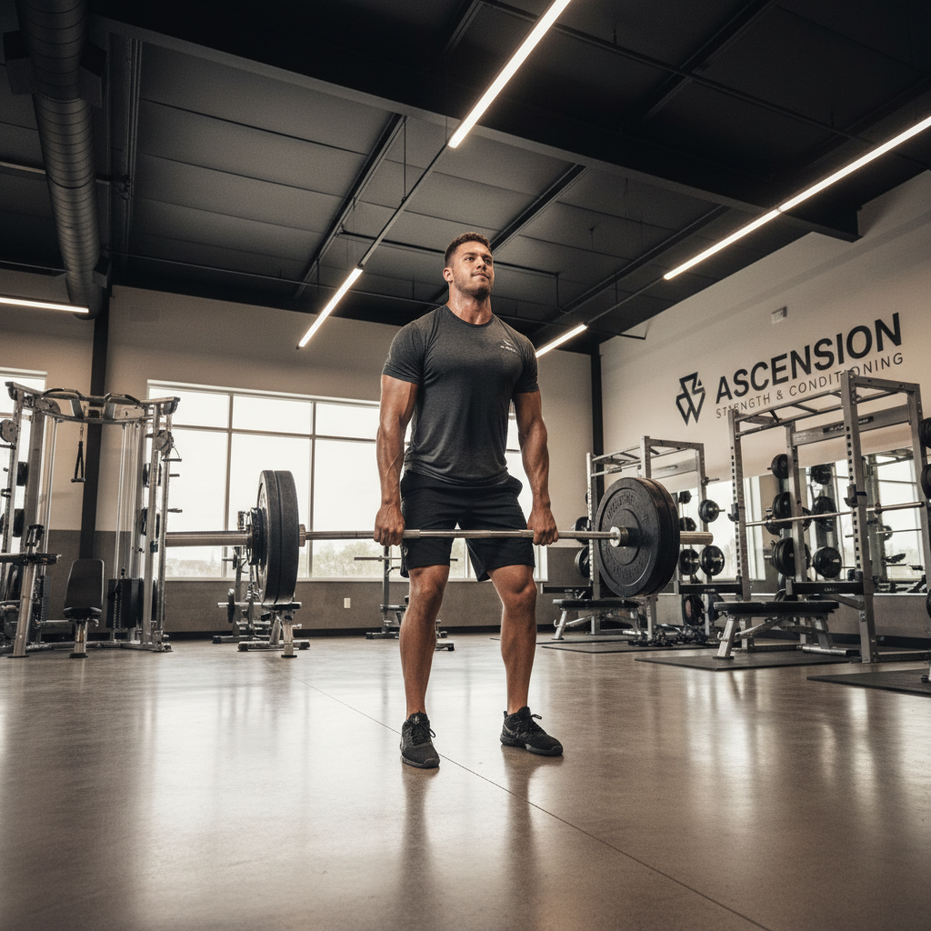 Football strength training with trap bar deadlift in a modern gym