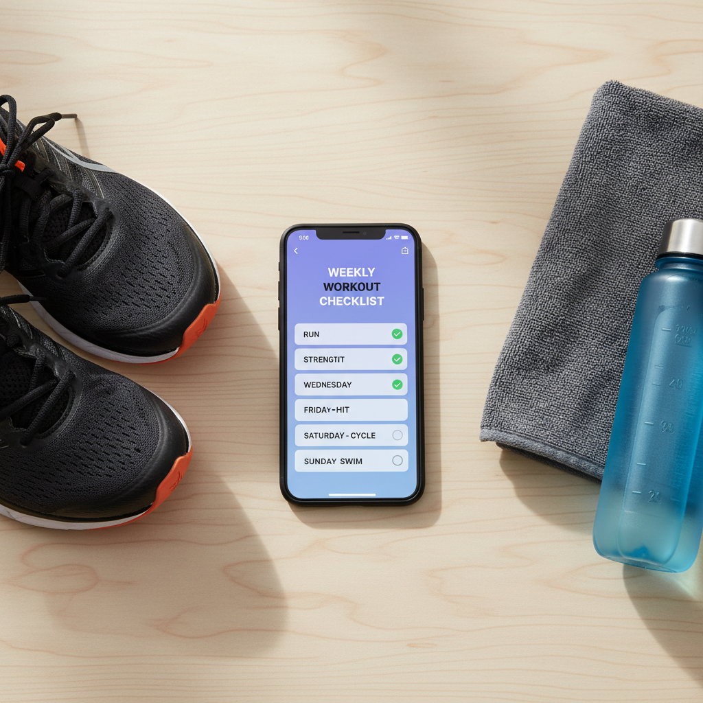 Weekly cardio plan checklist on a phone with gym gear nearby