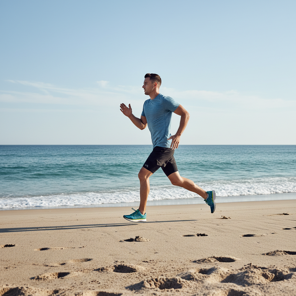 Beach fitness running intervals near the waterline on firm sand