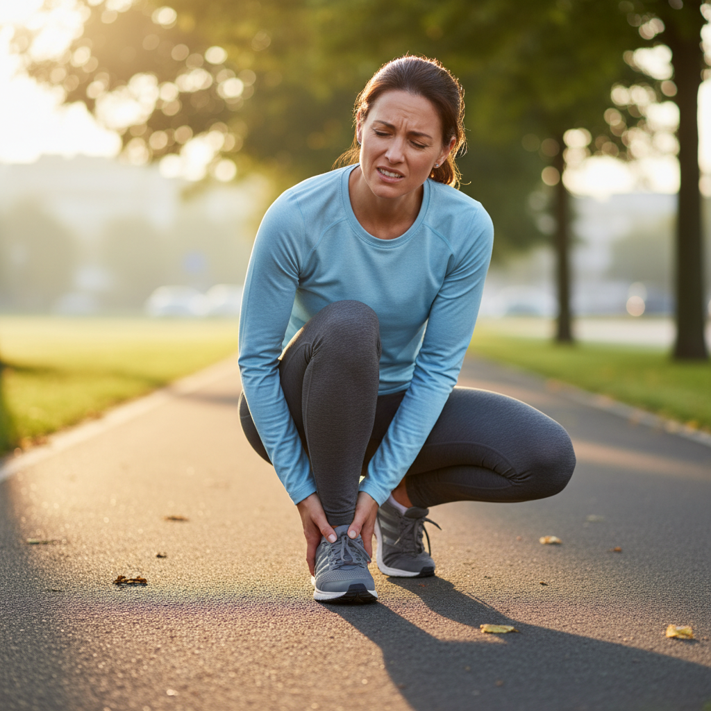Runner holding heel with plantar fasciitis pain near a running path