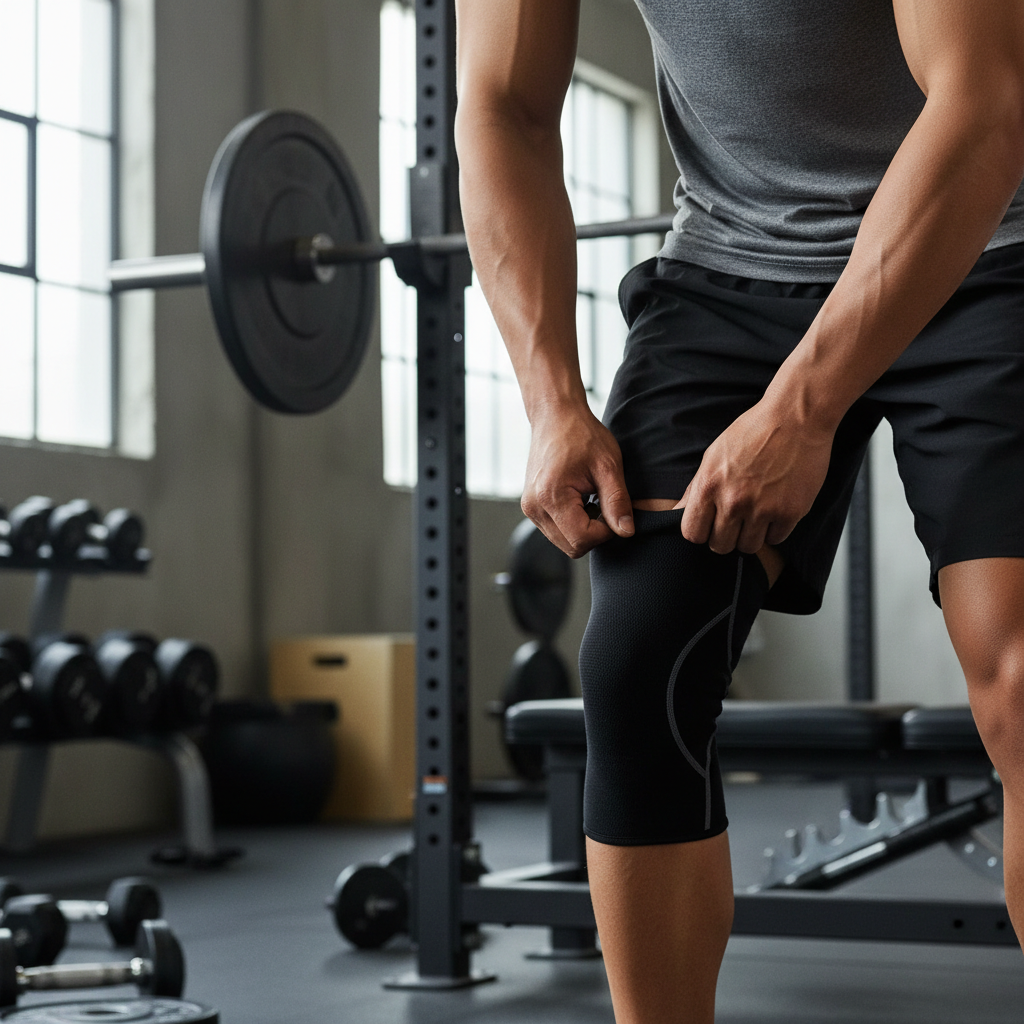 Athlete fitting a knee sleeve correctly before a squat set