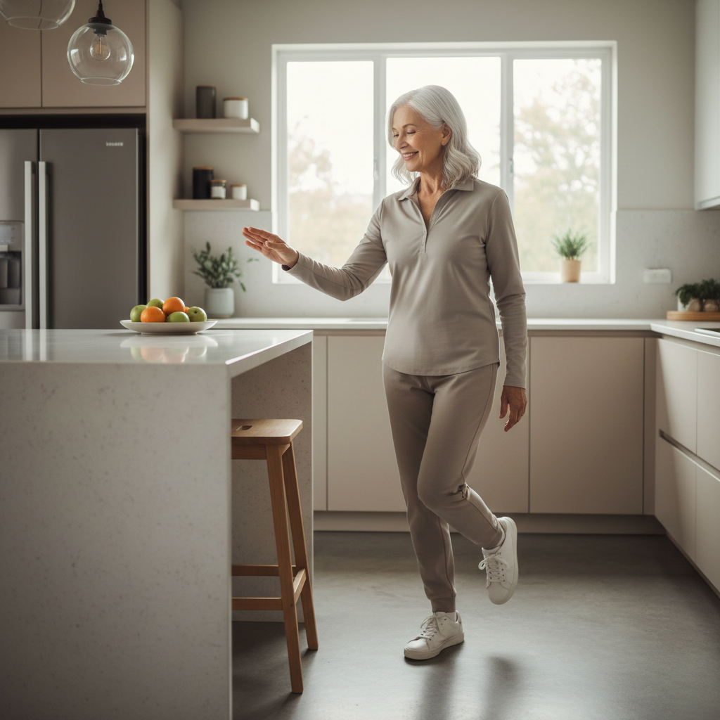 Simple senior balance test near a kitchen counter for safety