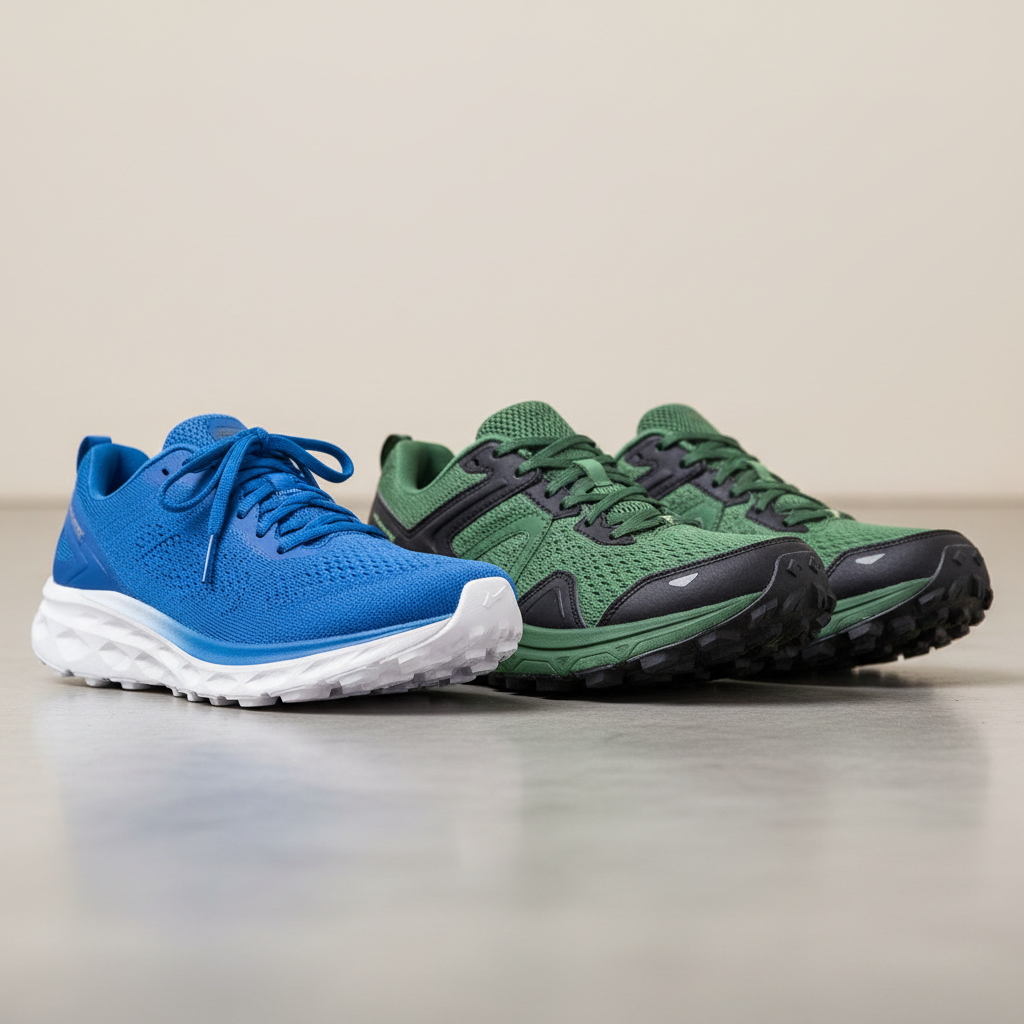Runner comparing road and trail running shoes side by side to choose the right type