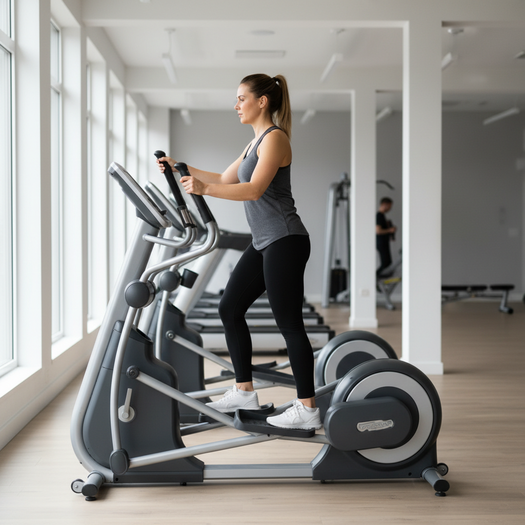Woman doing low impact cardio on an elliptical in a bright gym