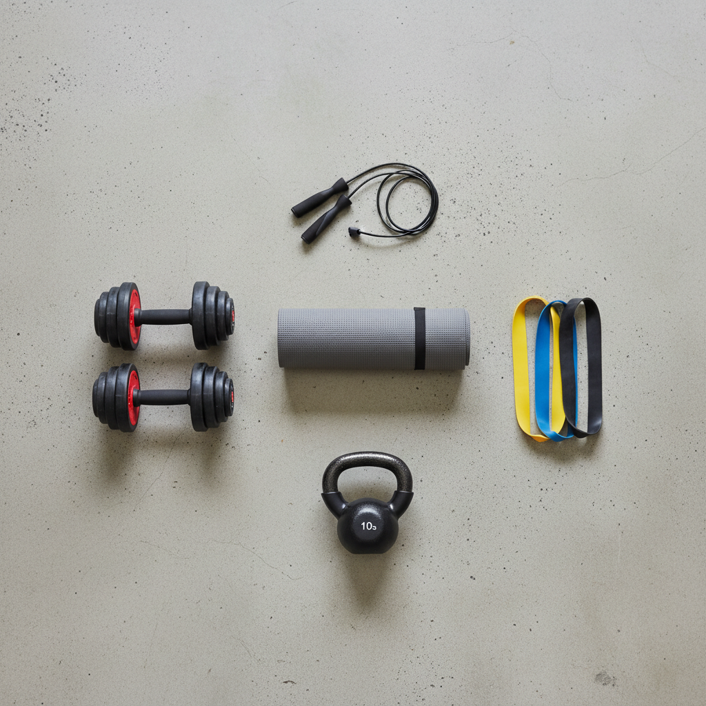 Essential budget home gym equipment laid out neatly