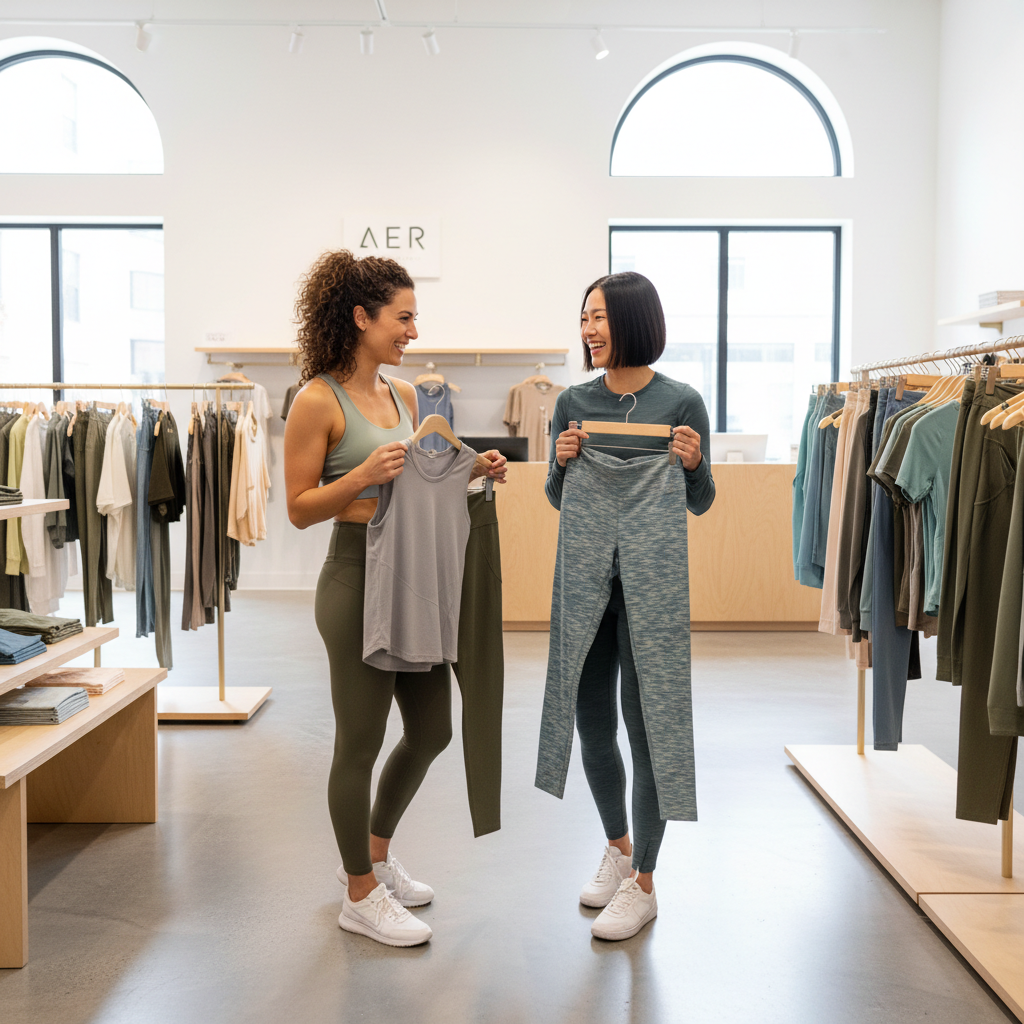 Women choosing breathable workout clothes in an activewear store