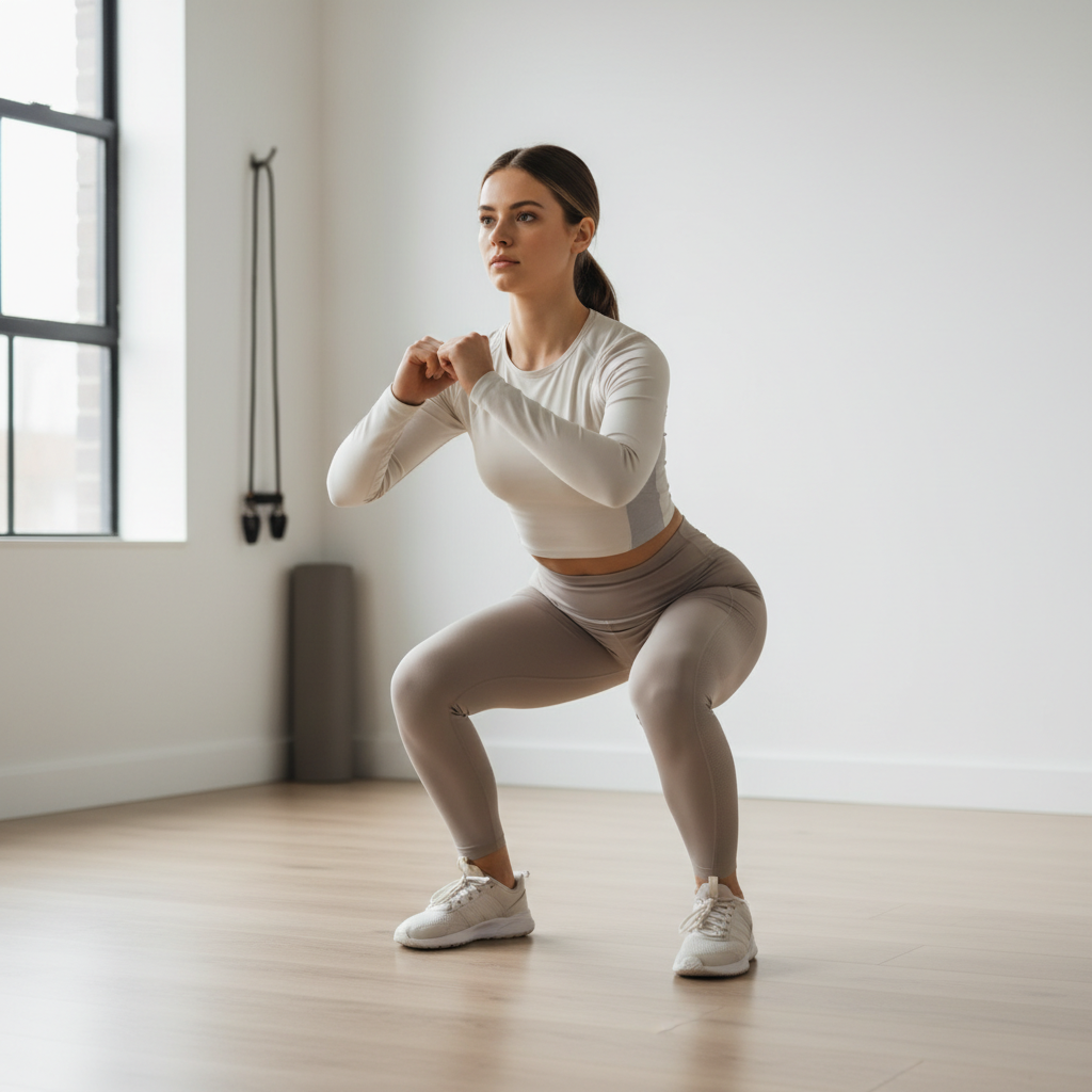 Beginner doing bodyweight squat in a clean home gym setting
