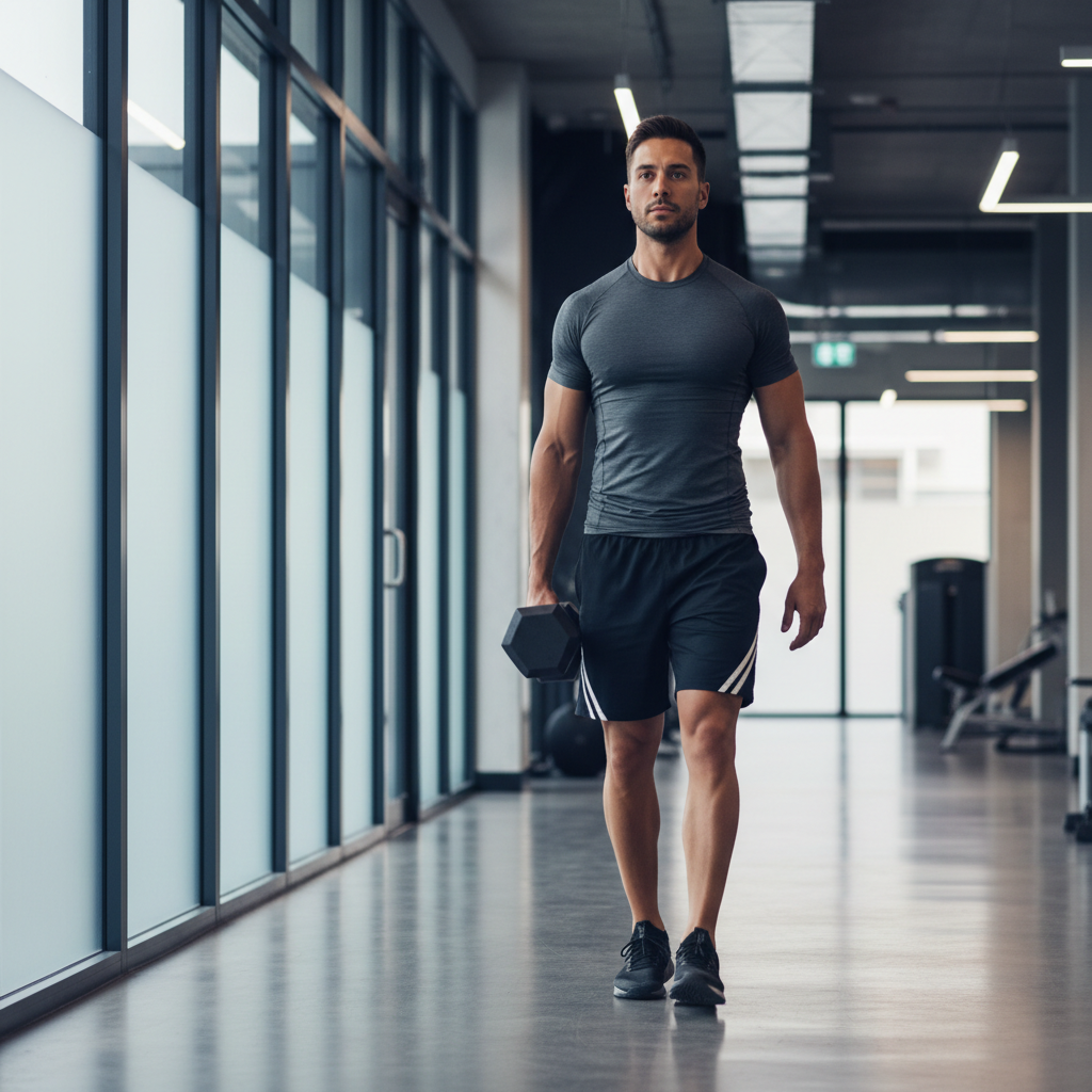 Suitcase carry demonstrating upright posture and core stability control