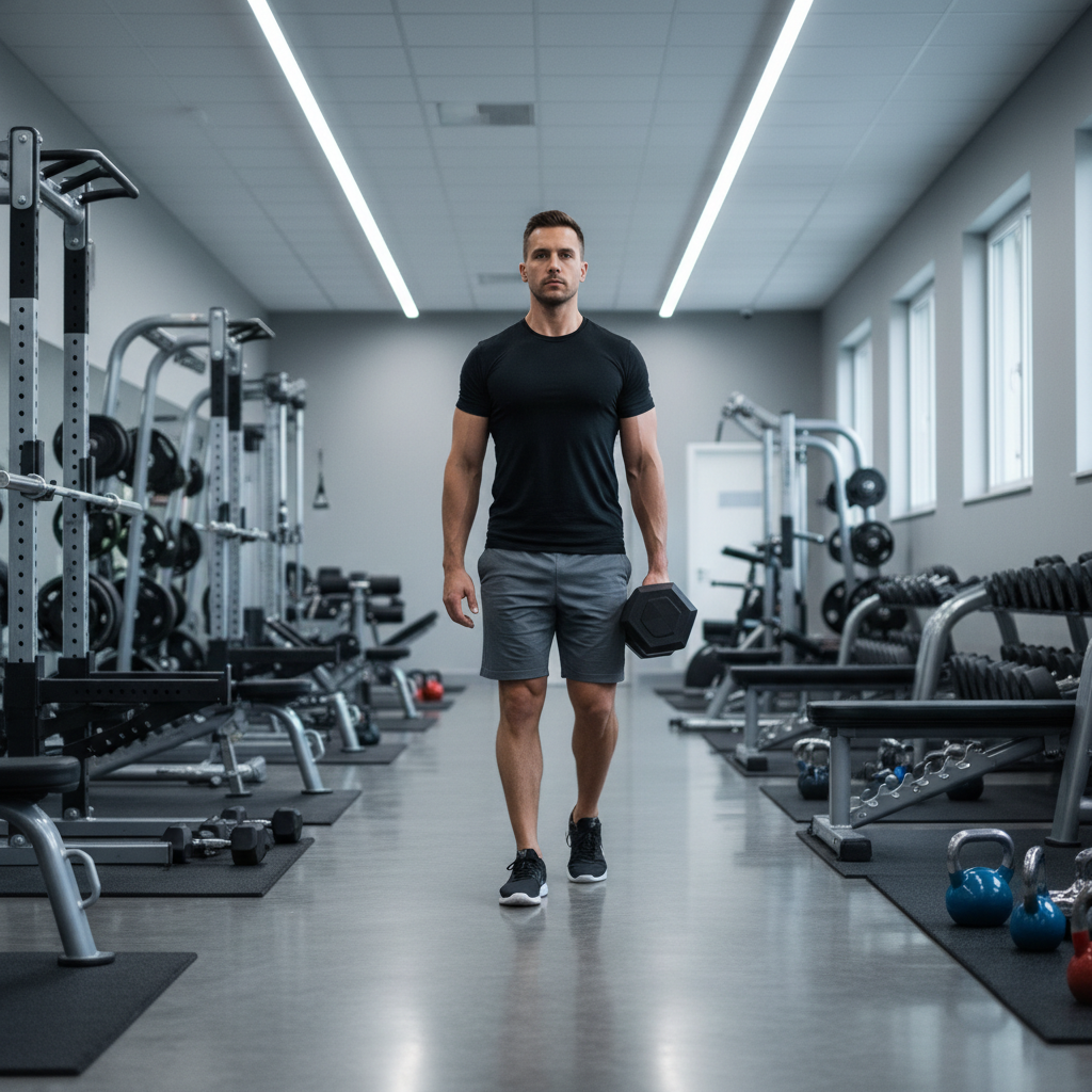 Suitcase carry demonstration with dumbbell for anti-rotation core workout routine
