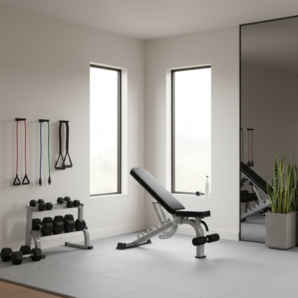 Neat corner home gym with bench, resistance bands on hooks, and compact storage