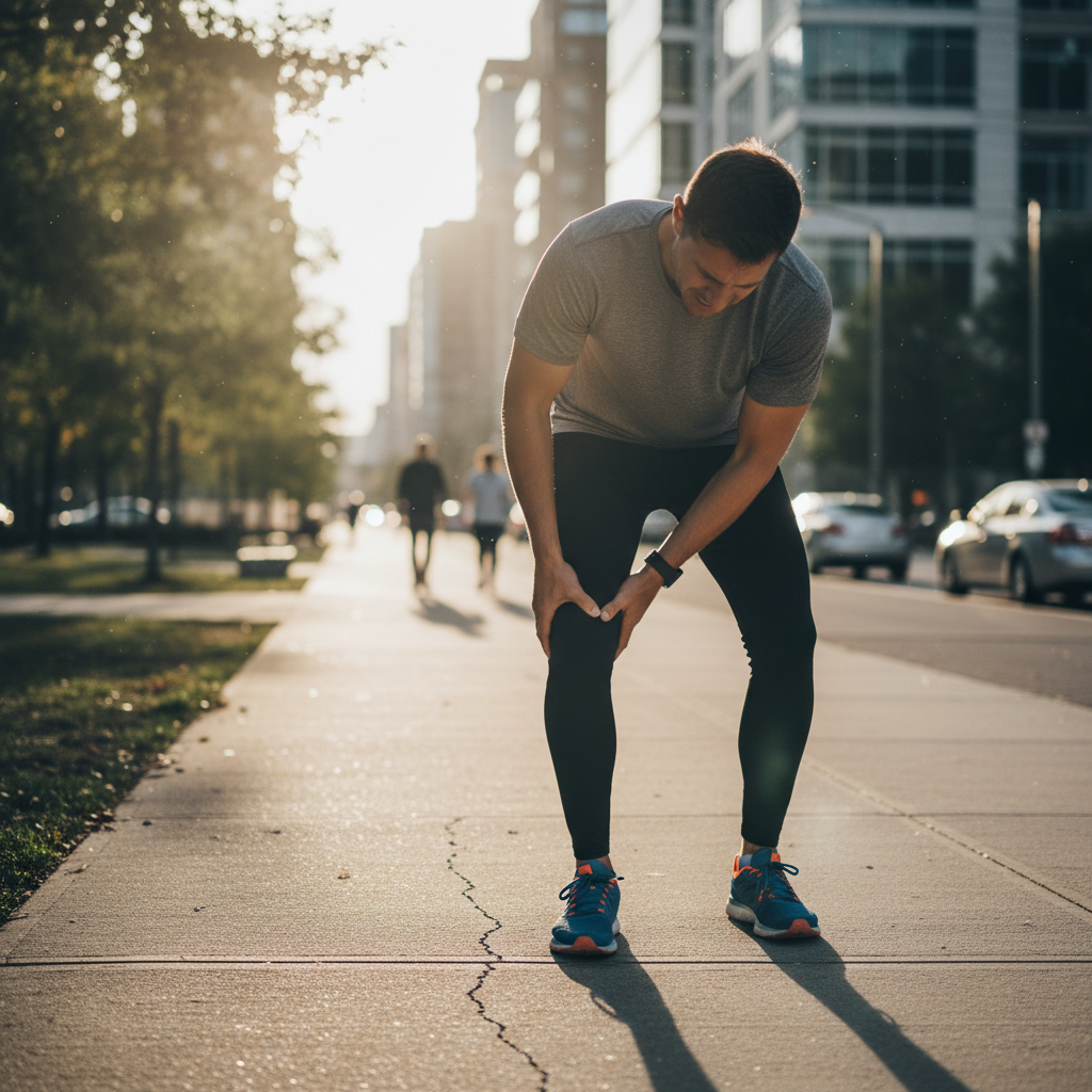 Runner holding shin with shin splints pain on a city sidewalk