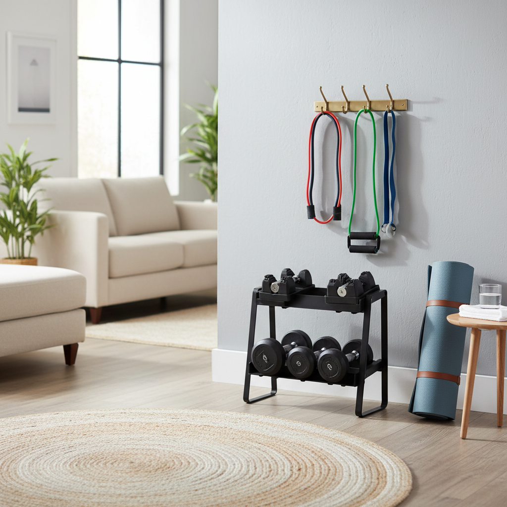 Compact home gym setup in a small apartment living room