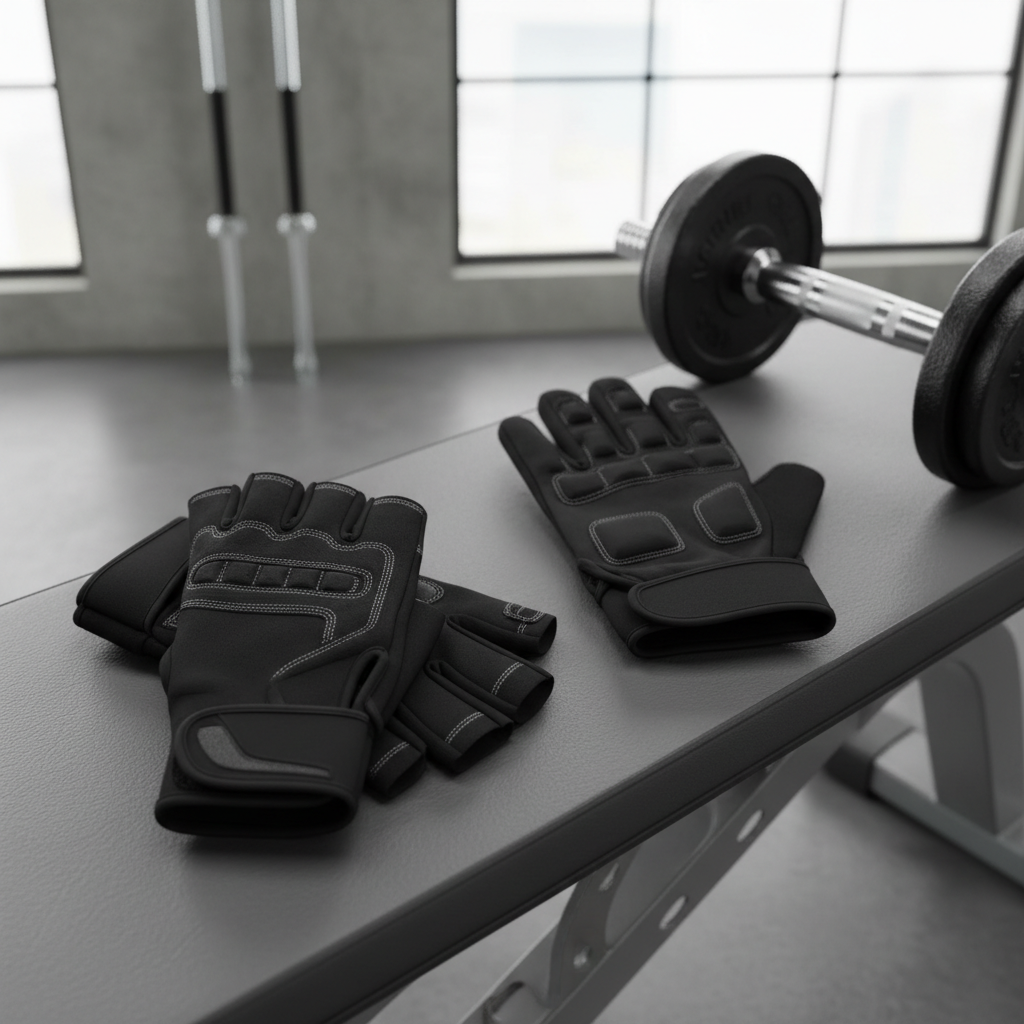 Comparing fingerless and full-finger weight lifting gloves on a gym bench