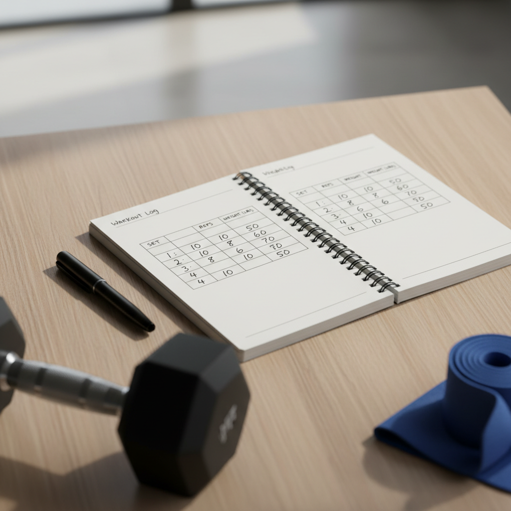 Simple home workout tracking sheet with reps and weights on a notebook