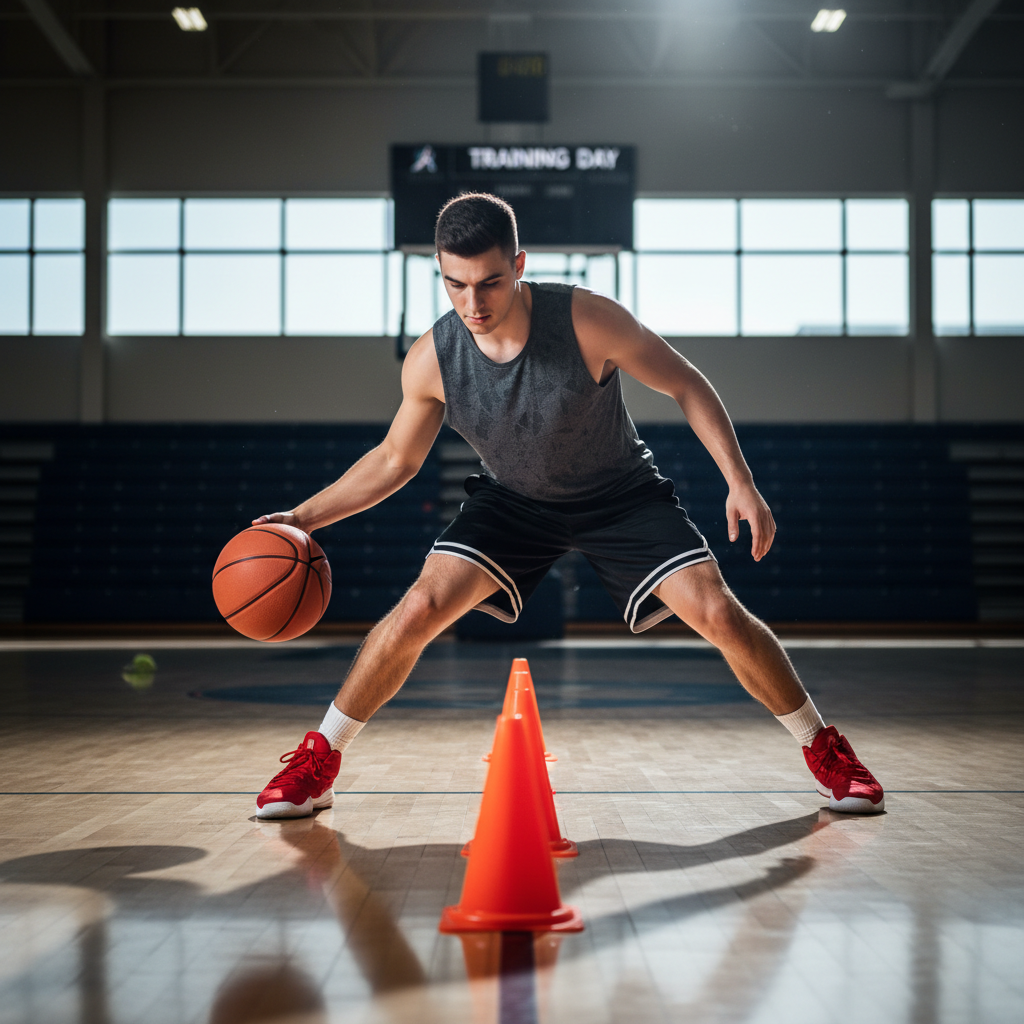 Basketball cone dribbling drill for beginners focusing on change of direction