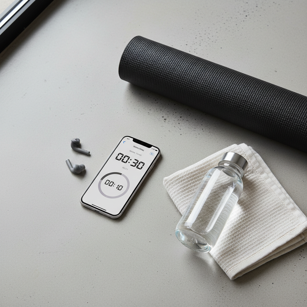 Interval timer and home cardio workout plan on a phone next to workout space