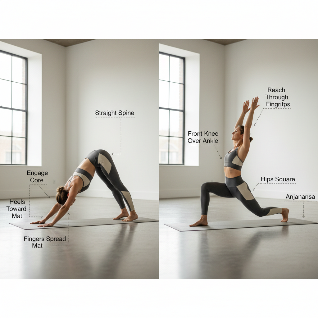 Beginner yoga alignment cues for downward dog and lunge positions