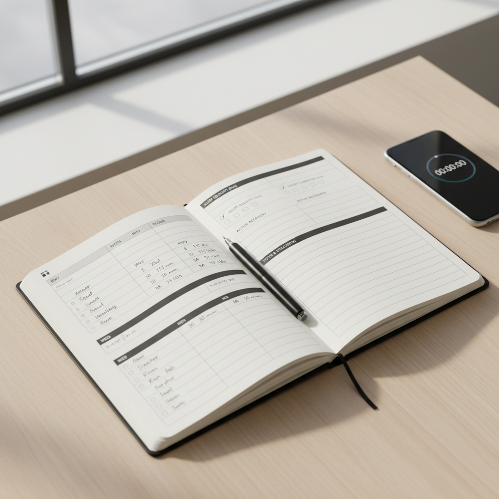 Weekly fitness journal spread with workout log and recovery checkboxes