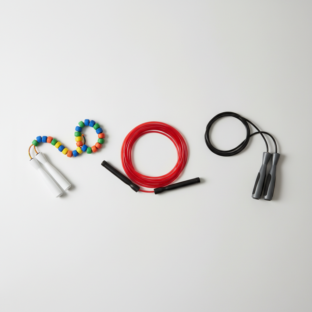 Different jump rope types laid out including PVC, beaded, and weighted ropes