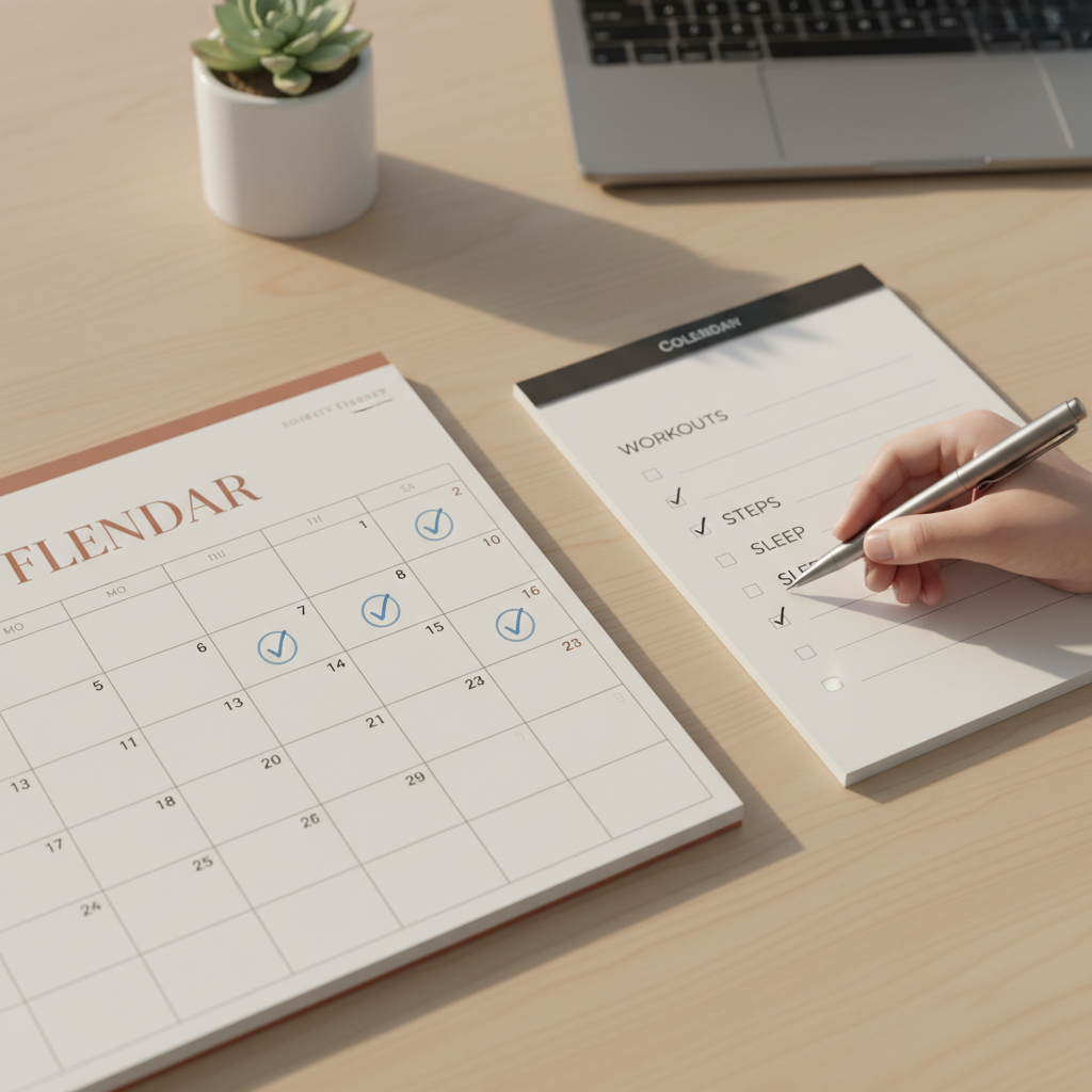 Weekly fitness planning session with calendar, checklist, and gym schedule